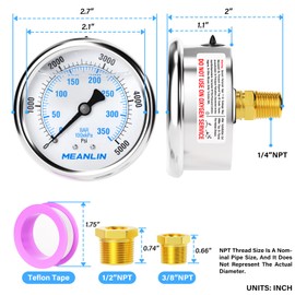 MEANLIN MEASURE 0~5000Psi Stainless Steel 1/4" NPT 2.5" FACE DIAL Liquid Filled Pressure Gauge WOG Water Oil Air Center Back Mount, with 1/2" NPT and 3/8" NPT Hex Bushing