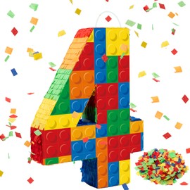 RoundFunny Number 5 Building Blocks Piñata 16.5 Inch Party Supplies 5th Birthday Party Decorations Piñata with Confetti Blocks Theme Fiesta Anniversary Celebration