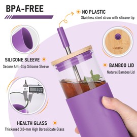 VQSV 24 oz Glass Tumbler with Lid and Straw, Iced Coffee Cup,Stainless steel straw and Bamboo Lid,Smoothie cup with Silicone Sleeve,NO Plastica & BPA Free - Fits in Cup Holder(Blue&Purple)