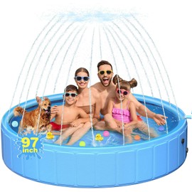 97In Extra Large Anti-Slip Dog Pool with Sprinkler, Sturdy 2-in-1 Foldable Hard Plastic Kiddie/Kids Swimming Pool, Summer Swimming Bath Tub for Kids/Large Dogs/Pets