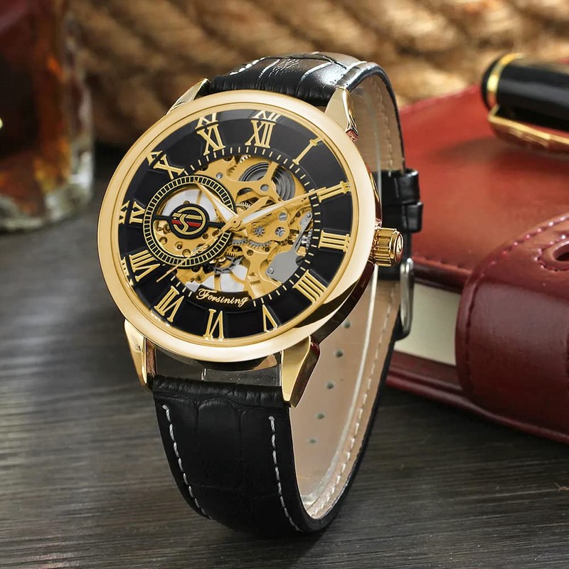 Dentily Classic Mechanical Hand-Wind Watch Men's Skeleton Watch Leather Strap