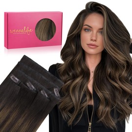 WENNALIFE Invisi Edge & Classic Seamless Clip in Hair Extensions Real Human Hair, 16 Inch 130 7pcs Balayage Dark Brown Mixed Chestnut Brown Hair Extensions for Women Invisible Straight Injection