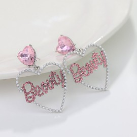 Love Heart Bride Earrings for Women Imitation Pearl Beaded Heart Earrings Bride Beauty Letter Statement Dangling Earrings Shiny Rhinestone Wedding Bridal Jewelry-Beauty Pink