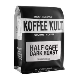 Koffee Kult Half Caff Coffee Whole Bean Dark Roast Half Caffeine Decaf Low Acid Naturally Decaffeinated (12oz, Whole Bean)
