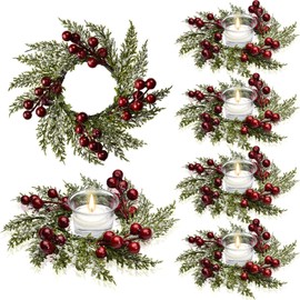 Christmas Candle Rings Artificial Red Berries and Pinecones Candle Rings Wreaths Decor Candle Rings for Pillars Rustic Wedding Centerpiece Christmas Table Decoration for Front Door (4 Pieces)