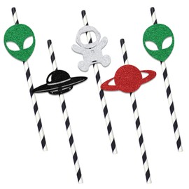 24Pcs Space Straws Outer Space Themed Birthday Party Decorations, Space Paper Straws Decor, Planet Baby Anniversary Party Supplies, Astronaut Baby Shower Party Decor Black Red