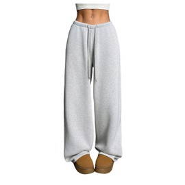 RoseSeek Women's Drawstring Waist Straight Streetwear Long Wide Leg Sweatpants Casual Loose Baggy Workout Long Summer Pants Sweatpant Pure Light Grey Medium