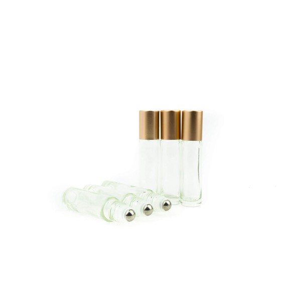 Grand Parfums Colored Glass Aromatherapy 10ml Rollon Bottles with Stainless Steel Roller and COPPER CAPS (6 Sets, Clear)