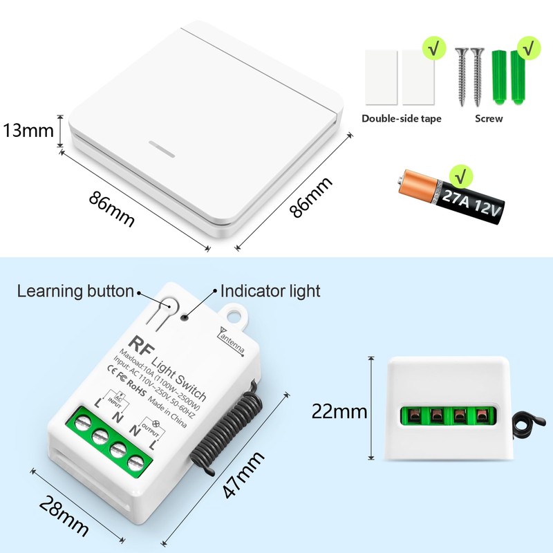DieseRC Wireless Light Switch, RF Wireless Transmitter Switch and 10A