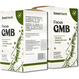 Smart Herb Paquete Focus GMB, Suplemento Alimenticio, 2 piezas (30 Cápsulas c/u) con Ginseng, Melena de León y Bocopa para Concentración, Memoria y Rendimiento Mental