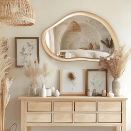 TheiaMo 35"x24" Wood Wall Mirror, Rustic Asymmetrical Bathroom Mirror with Wood Frame, Farmhouse Vanity Mirror for Living Room, Bedroom, Entryway, Shatterproof, Vertical/Horizontal, Solid