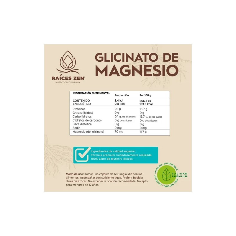 Glicinato Magnesio Raíces Zen Hombres Mujeres 120 Cápsulas