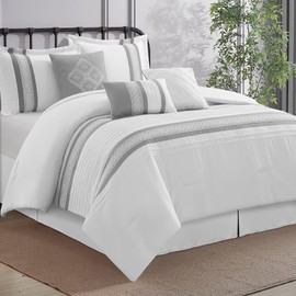 LANCO MODERN LIFESTYLE 7 Piece Comforter Set, Grey White, Queen Size, Boho Style Geometric Microfiber Embroidery, Bed in a Bag with Bedskirt, Pillow Shams and Decor Pillows