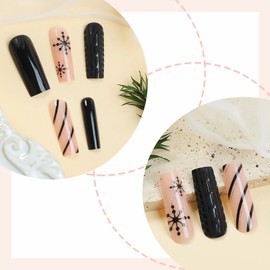 BABALAL Press on Nails Long Square Fake Nails Black Glue on Nails 3D Texture Design Handmade Acrylic Nails Snowflake Winter False Nails 24Pcs Glossy Squoval Stick on Nails New Year Artificial Nails
