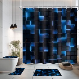Ufeela 4 PCS Black and Blue Bathroom Set with Shower Curtain and Rugs 72Wx72H Inch Modern 3D Cube Kids Cool for Boy Men Non-Slip Bath Rug Toilet Lid Cover U Shape Mat Accessories 12 Hooks Bathoom Deco