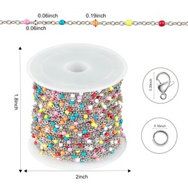 Kyutong 32.8 Feet Stainless Steel Chains for Jewelry Making Colorful Beaded Cable Chain Links Sliver Necklace Chains Roll with Lobster Clasps and Jump Rings for Jewelry DIY