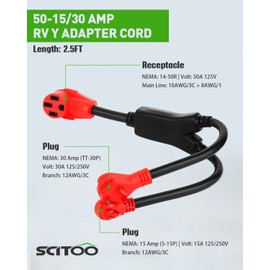 SCITOO RV Y-Split Power Cord Adapter, 50 amp Female to (1) 30 amp - (1) 15 amp Male RV Adapter, Heavy Duty RV Electrical Cord Cable Adapter, ETL/CETL Listed