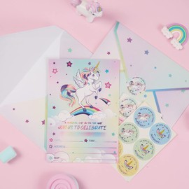 WERNNSAI WERNNSAI 24PCS Unicorn Party Invitation - Rainbow Unicorn Party Supplies Fill-in Invitations with Envelopes for Girls Birthday Baby Shower Double-sided Printed Invite Cards