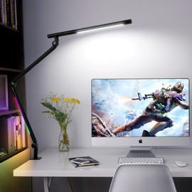 Pak LED Desk Lamp with Clamp, 18W Dual Light Architect Desk Light, Adjustable Swing Arm RGB Light Sensor Switch, Eye-Caring 4 Modes Stepless Dimming Table Lamp for Home Office Reading Study Gaming