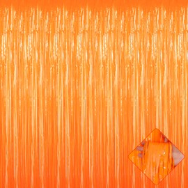 AIKENLIN 4 Pack Orange Foil Fringe Curtain Backdrop, 3.2Ft x 9.8Ft Metallic Tinsel Foil Fringe Streamers Curtains for Party, Photo Booth Prop, Birthday, Wedding, Mardi Gras Party Decoration