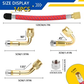 Brateuanoii Pack of 14 Tyre Valve Extension Car, Tyre Valve Adapter, Copper Tyre Valve, Tyre Valve Extensions 120 mm, Car Valve Adapter 45° 90° 135° Angle Valve, for Car, Motorcycle