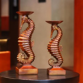 15”H Antique Bronze Seahorse Candle Holder 2 Pcs Statue Elegant Home Wedding Table Ocean Seaside Decor Saltwater Fish Coastal Nautical Bygone Era Theme Presents for Sea Marine Magical Things Lovers