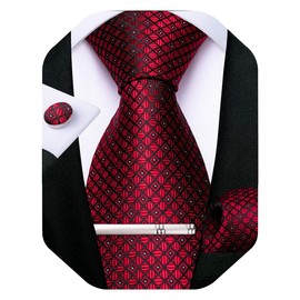 DiBanGu Plaid Ties for Men Silk Checkered Necktie and Pocket Square Cufflinks Tie Clip Set with Gift Box for Wedding Business, Wine Red