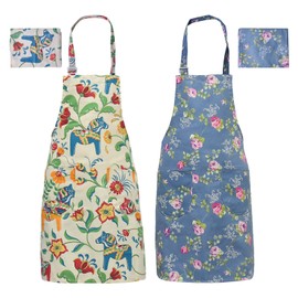 2 Pieces Adjustable Cooking Apron Women's Cotton Linen Apron with Large Pockets Floral Bib Apron for Cooking Baking Gardening & Cafe Beautiful Apron with Neck Strap Chef Aprons for Unisex