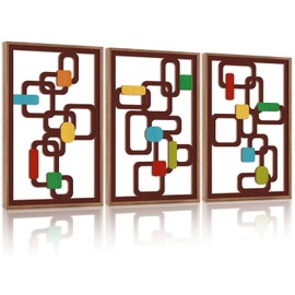 TOARTi Large Framed Mid Century Modern Wall Art Set(16''x24''x3PCS), Vintage Abstract Geometric Wood Wall Decor, Boho Earth Tone Geometric Artwork for Bedroom Living Room Home Office