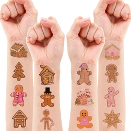 100 PCS Funny Pink Gingerbread Temporary Tattoos Sticker Birthday Gingerbread Man House Cookie Candy Christmas Party Decorations Supplies Favors Boys Girl Cute Fake Tattoo School Reward Themed Winter