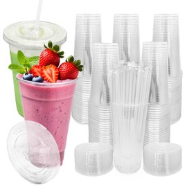 [100 SETS] 32 oz Cups with lids, Plastic cups with lids and straws, iced coffee cup, suitable for takeout iced coffee cold drinks, smoothies, juices, parfaits, Frappuccinos, and milkshakes