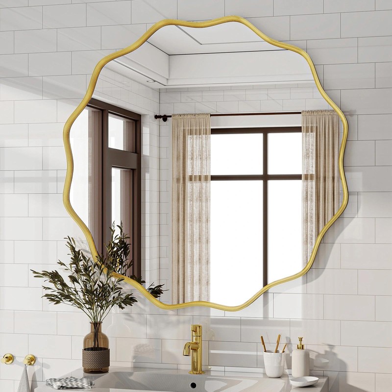 VETROVUE Round Wavy Mirror, 30 Inch Metal Frame Circle Mirror,