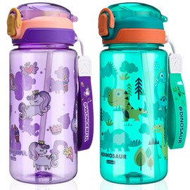 Pack of 2 Children's Drinking Bottles, 600 ml Sports Water Bottle with Straw, Leak-Proof Flip Top Lid, Portable BPA-Free Children's Water Bottle, Suitable for Girls and Boys (Green Dinosaur, Purple