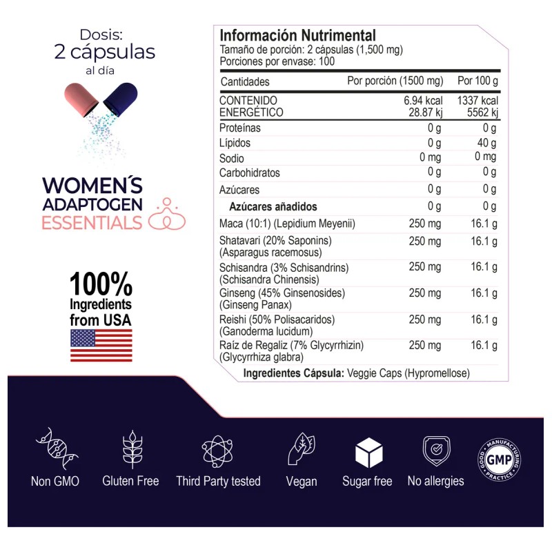 WOMENS ADAPTOGEN ESSENTIALS 200 capsulas (1500mg por porcion) con Adaptogenos
