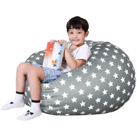 Lukeight Stuffed Animal Storage Bean Bag Chair Cover for Kids, Zipper Beanbag Chair Cover for Organizing Toddler & Kids' Rooms Plush Toys (Stars Gray Velvet, Large)