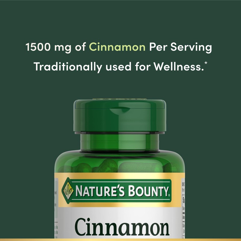 Nature's Bounty Cinnamon Capsules, Herbal Supplement, Supports Sugar Metabolism, 1500mg,