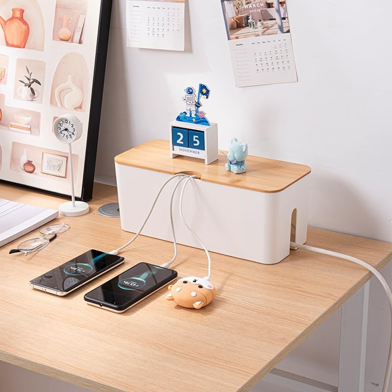 Cable Box with Bamboo Lid, Cable Management Organiser, Storage Box
