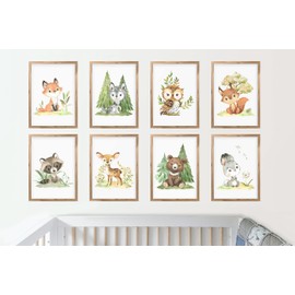 CreativeRobin Set of 8 Poster Set Forest Animals Nursery I Baby Room Decoration I Deer, Fox, Bear etc. with Flora