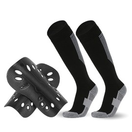 kids football socks, Non-slip breathable Childrens football socks, football socks and Shin guards set (UK, Age, One Size, Regular, black)