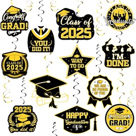 Graduation Decorations,2025 Prom Decorations Set – Gold & Black Swirls for Graduation Party,Ceremony Backdrop,Congrats Grad Hanging Decor