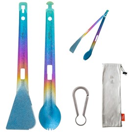TiTo Titanium 4 in 1 Camping Cookware - Titanium BBQ Tongs, Spork, Knife and Spatula, Portable Lightweight Multi Tableware for Kitchen, Hiking, Backpacking, Outdoor Cooking, Travel, Picnics (Colorful)