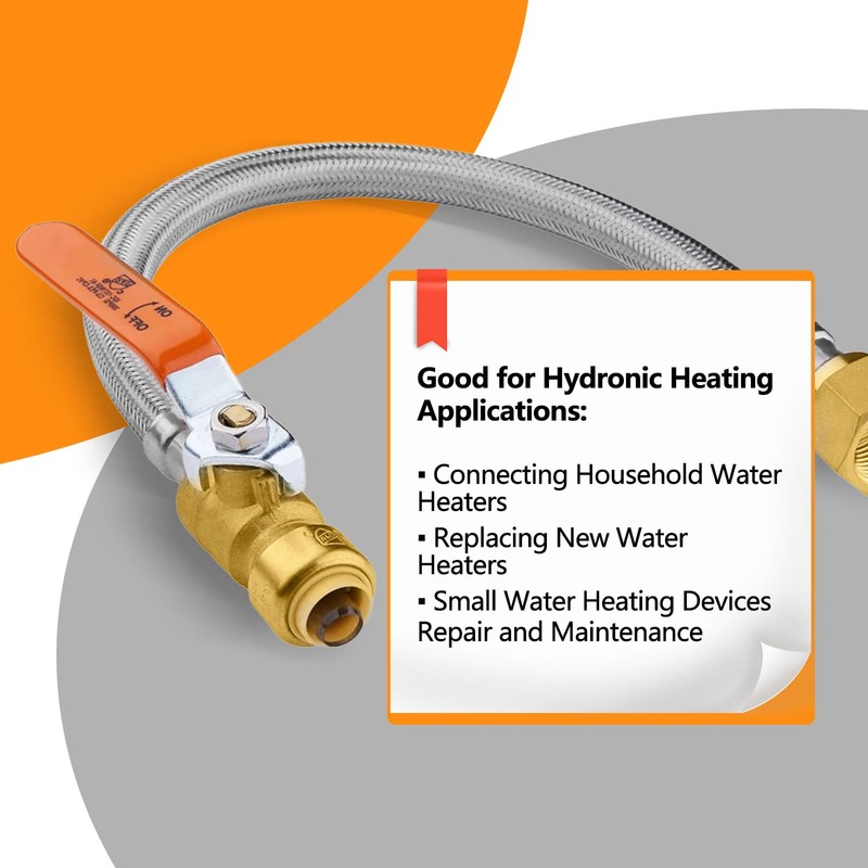 1-Pack HeSun 12-Inch Push-Fit Ball Valve Water Heater Connector, Push-to-Connect