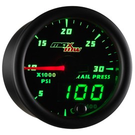 MaxTow Double Vision 30,000 PSI Fuel Rail Pressure Gauge - Compatible with 6.6L Chevy Duramax 2002-2018 & 5.9L / 6.7L Dodge Cummins Diesel 2003-2018 - Black Gauge Face - Green LED Dial - 2-1/16" 52mm