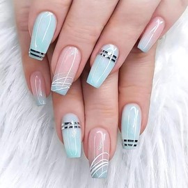 Press on Nails Coffin Medium Length Fake Nails Press ons Green French Tip Acrylic Nails White Silver Lines Glue on Nails Light Pink Full Cover Stick on Nails Artificial False Nails for Girls 24Pcs