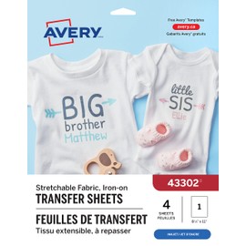 Avery Iron-On Stretchable T-Shirt Transfers, For Inkjet Printers, Stretchable Fabric, 4 Full-Sheet Transfers Paper, 8.5" X 11", White (43302)