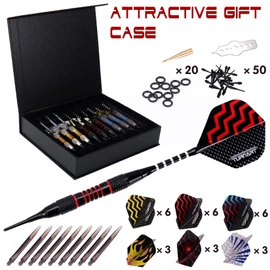 Turnart Darts Plastic Tip - Professional Soft Tip Darts Set for Electronic Dartboard 9 Pcs 18 Grams with 50 Extra Tips 9 Shafts 27 Flights Tool Kit Flight Protectors and Gift Darts Case (Tungsten)