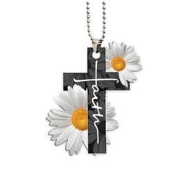 Cute Car Decor Hanging Rear View Mirror Accessories for Women Cross & White Flowers Ornament Interior Rearview Pendant Decor for Girl Christmas Decoration