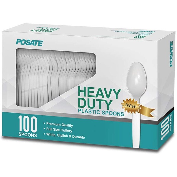 Plastic Spoons, White, Heavy weight, 100 Packs