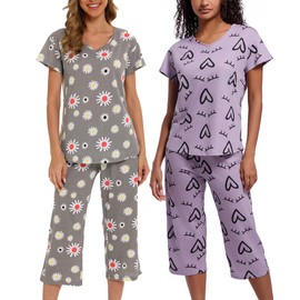 ENJOYNIGHT 2 Packs Womens Cotton Pajama Sets Short Sleeve Top with Capri Pants Sleepwear Summer Pjs (Medium, WR+GR-Flower)