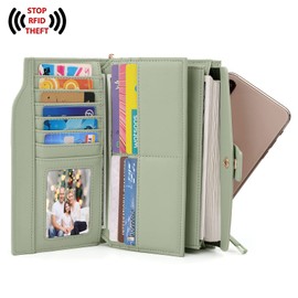 UTO Wallet for Women RFID Blocking Ladies Wristlet Purse 21 Card Slots Phone Pocket Synthetic Leather Pale Green